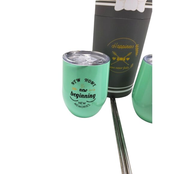 new home wine tumblers set of 2 green stainless steel tumblers with straws house - Picture 3 of 4